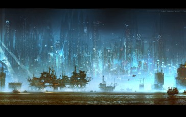 George Hull, Science Fiction, Bay, Futuristic City, Seoul, Boat Wallpaper