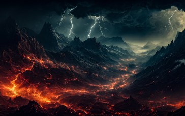 AI Art, Landscape, Hell, Digital Art, Lava, Lightning Wallpaper