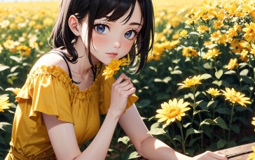 AI Art, Yellow Dress, Flowers, Field, Anime Girls Wallpaper