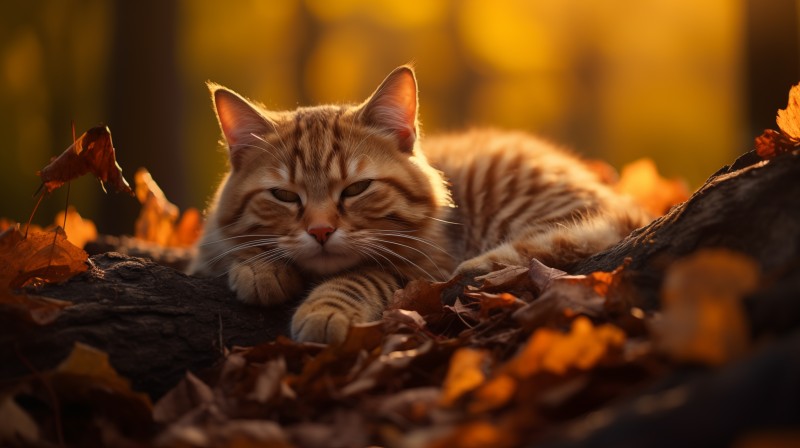 AI Art, Tabby, Cats, Fall, Forest, Leaves Wallpaper