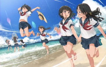 Anime Girls, Straw Hat, Running, Group of Women, Standing in Water Wallpaper