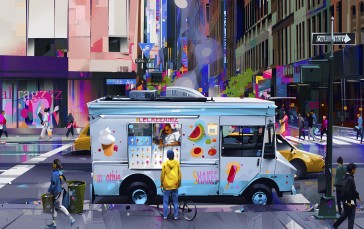 Artwork, Digital Art, Ice Cream Van, Colorful Wallpaper