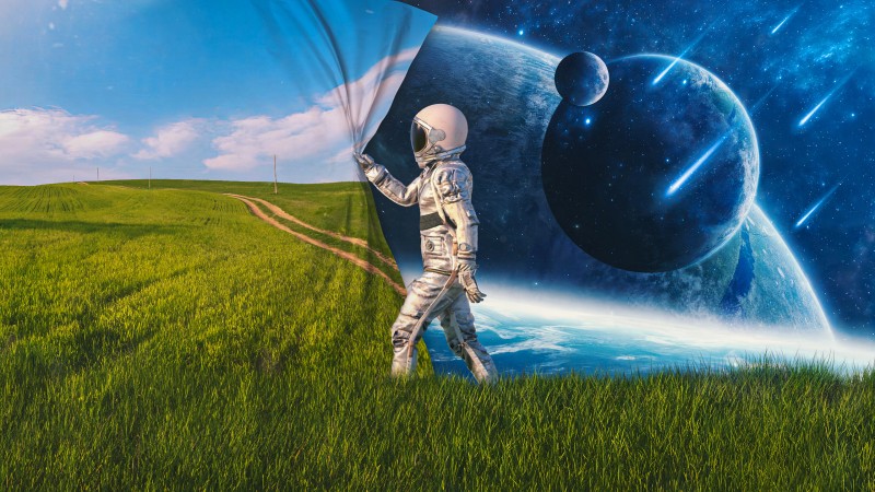 Digital Art, Artwork, Astronaut, Helmet, Spacesuit, Curtains Wallpaper