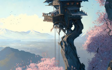 AI Art, Illustration, Tree House, Cherry Blossom, Mountains Wallpaper