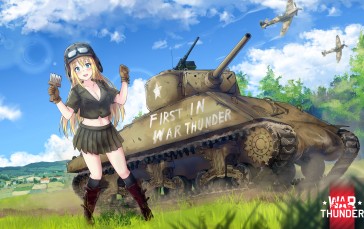 Anime Girls, M4 Sherman, Field, Military Hat Wallpaper