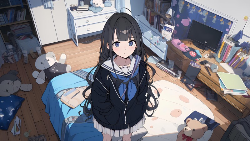 AI Art, Anime Girls, Anime, in Bedroom, Bedroom, Plush Toy Wallpaper