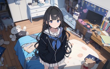 AI Art, Anime Girls, Anime, in Bedroom, Bedroom, Plush Toy Wallpaper
