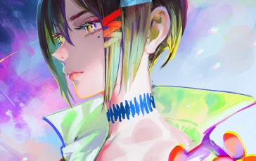 Anime Girls, Colorful, Rainbow Hair, Mole Under Eye, Short Hair, Portrait Display Wallpaper