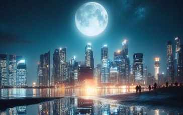 AI Art, City, Night, Full Moon Wallpaper