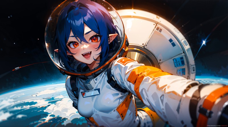 Anime Girls, Fangs, Dark Blue Hair, Pointy Ears, Irina: The Vampire Cosmonaut, Red Eyes Wallpaper