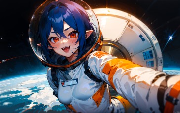 Anime Girls, Fangs, Dark Blue Hair, Pointy Ears, Irina: The Vampire Cosmonaut, Red Eyes Wallpaper