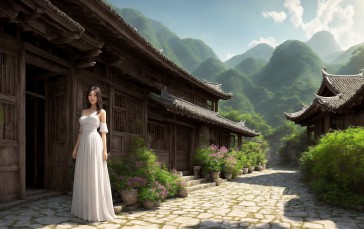 Village, AI Art, Flowers, Mountains Wallpaper