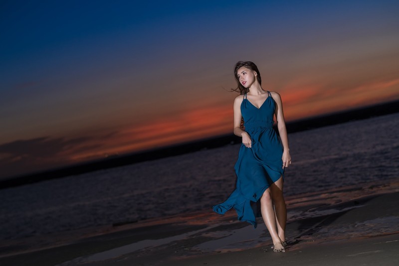 Model, Red Lipstick, Asian, Blue Dress, Walking, in Water Wallpaper