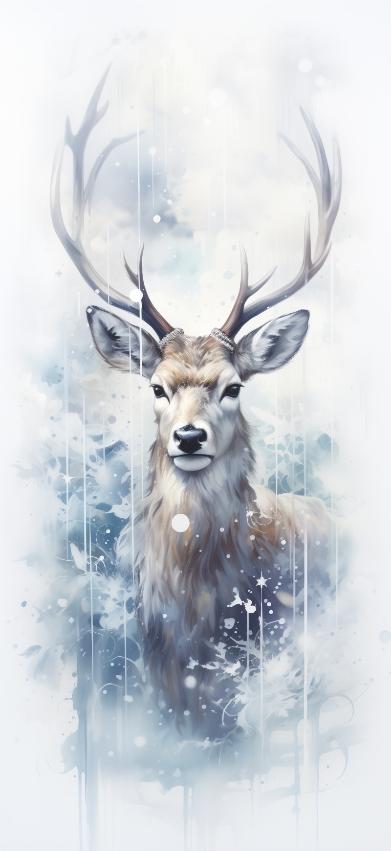 AI Art, Winter, Snow, Painting, Antlers, Portrait Display Wallpaper