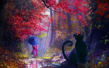 Black Cat, Red Trees, Japanese Clothes, Umbrella Wallpaper