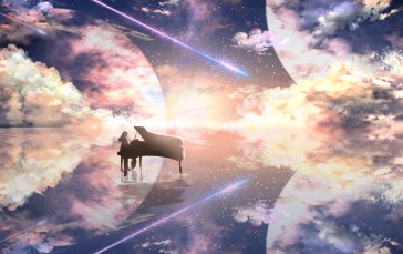 Piano, Anime, Anime Girls, Clouds, Reflection Wallpaper