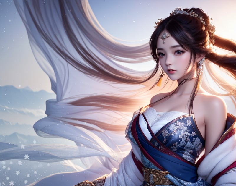 AI Art, Women, Asian, Dress, Jewelry, Snowflakes Wallpaper