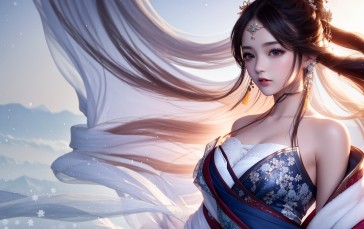 AI Art, Women, Asian, Dress, Jewelry, Snowflakes Wallpaper