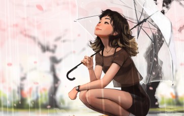 Sam Yang, Cherry Blossom, Umbrella, Dog, Rain, Squatting Wallpaper
