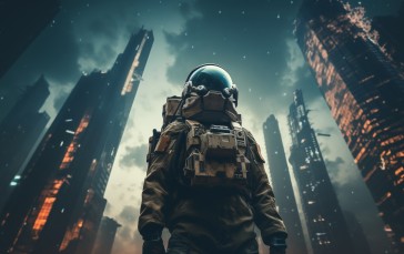 AI Art, Astronaut, City, Post Apocalypse, Dark, Digital Art Wallpaper