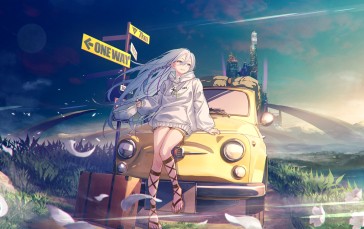 Anime Girls, Grass, Car Wallpaper