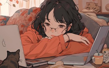 AI Art, Anime Girls, Anime, Laptop, Cats, Indoors, Women Indoors, Technology Wallpaper