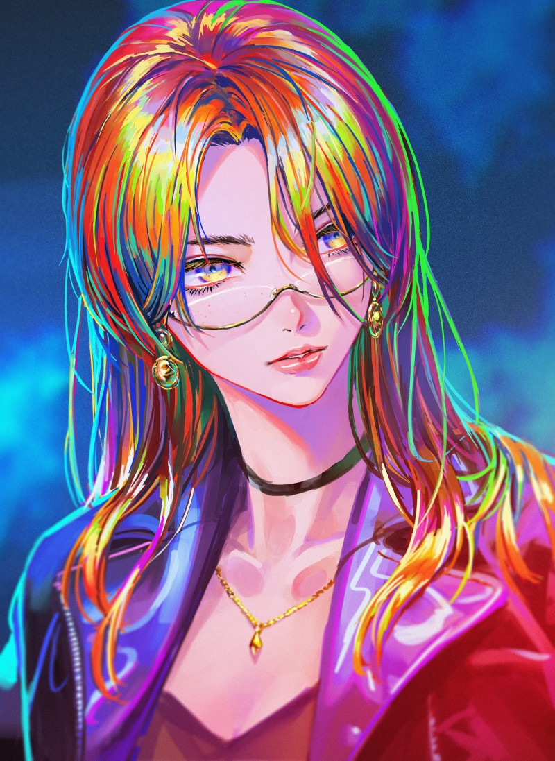 Anime Girls, Colorful, Rainbow Hair, Glasses, Portrait Display Wallpaper