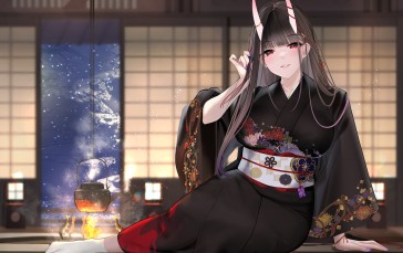 Anime, Anime Girls, Horns, Kimono, Snow, Fire Wallpaper