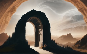 AI Art, Tunnel, Cave, Trees Wallpaper
