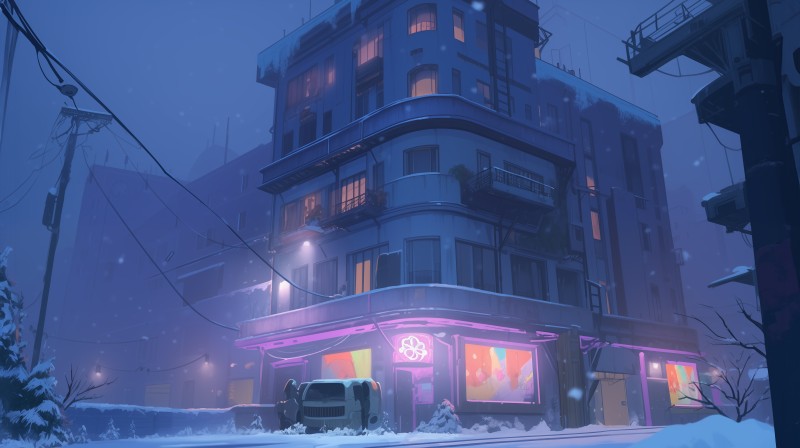 AI Art, Cyberpunk, City, Snow, Mist Wallpaper