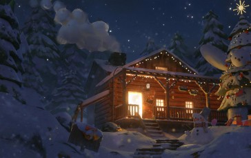 Snowman, Christmas Tree, Snow, Cabin, Winter Wallpaper