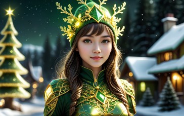 AI Art, Looking at Viewer, Christmas, Christmas Tree, Green Clothing Wallpaper
