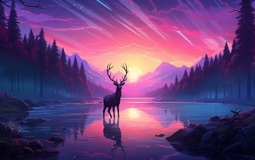 Deer, Landscape, Sunset, Purple Wallpaper