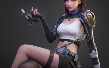 Yi Jiang, CGI, Women, Tank Top, Legs Crossed, Simple Background Wallpaper