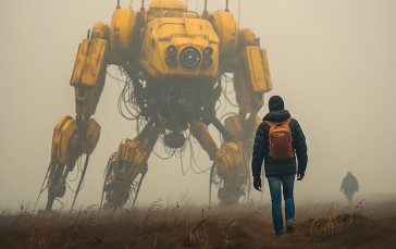 AI Art, Children, Robot, Mist, Grass Wallpaper
