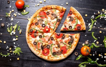 Food, Pizza, Tomatoes, Vegetables, Wooden Surface, Still Life Wallpaper