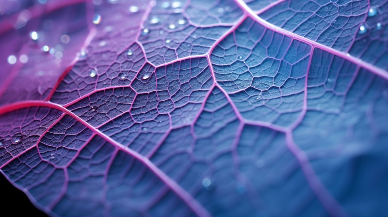 AI Art, Leaves, Blue, Water Drops, Closeup, Macro Wallpaper