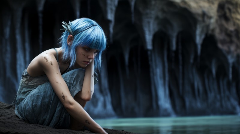 AI Art, Women, Pixie, Blue Hair, Water Wallpaper