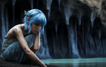 AI Art, Women, Pixie, Blue Hair, Water Wallpaper