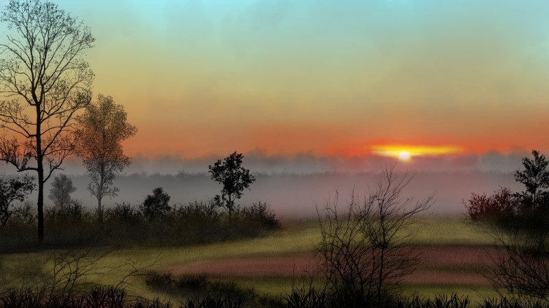 Digital Painting, Digital Art, Nature, Landscape, Sunset Glow Wallpaper