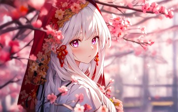 Anime Girls, Cherry Trees, AI Art, Looking at Viewer, Digital Art, Blushing Wallpaper