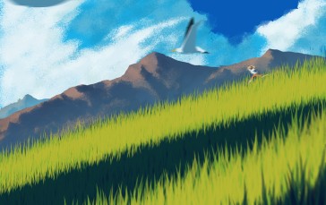 Field, Birds, Running, Clouds, Mountain Chain, Grass Wallpaper