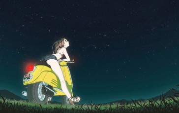 Anime Girls, Night, Mountains, Motorcycle, Stars Wallpaper