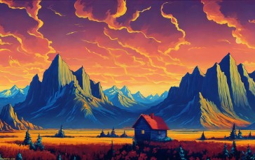 Mountains, Orange Sky, Sunset, Sunset Glow, Plains, Trees Wallpaper