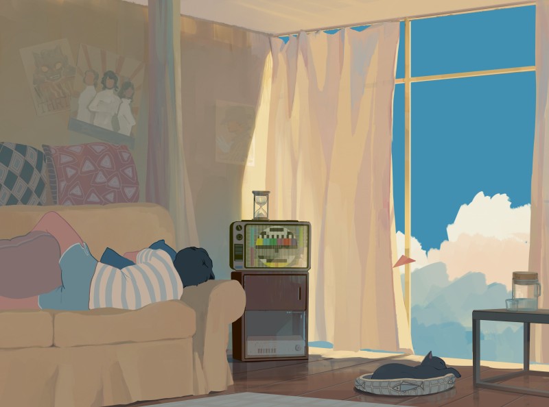 Artwork, Illustration, Indoors, Sleeping, TV, Cats Wallpaper