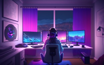 Illustration, Streaming, Computer, AI Art, Multiple Display, Gamer Wallpaper