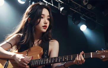 AI Art, Asian, Women, Long Hair, Guitar Wallpaper