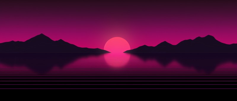 AI Art, Synthwave, Sunset, Water, Sun, Reflection Wallpaper