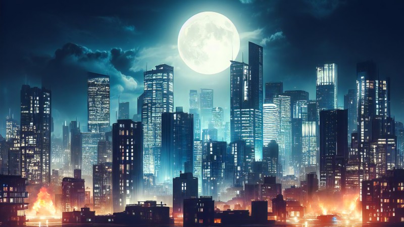 AI Art, City, Night, Full Moon, City Lights, Futuristic Wallpaper