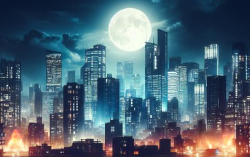 AI Art, City, Night, Full Moon, City Lights, Futuristic Wallpaper